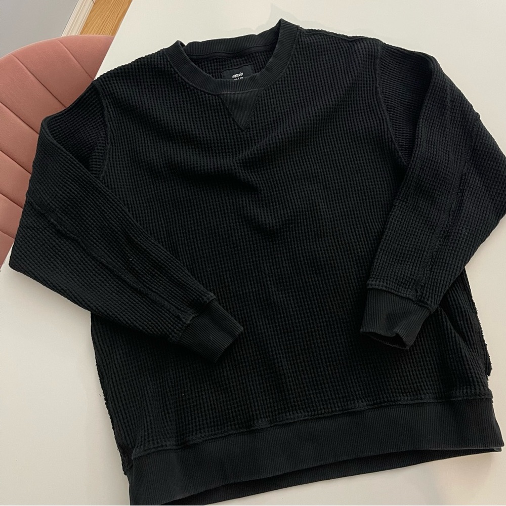 aerie waffle knit crewneck oversized sweatshirt sweater